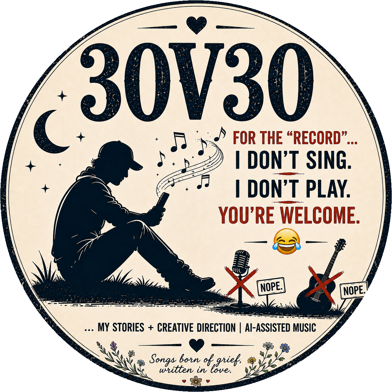 For the record, I don’t sing or play; my stories and creative direction with AI-assisted music